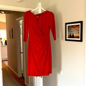 Bright red Lauren Ralph Lauren knee-length faux wrap dress. Size 6.